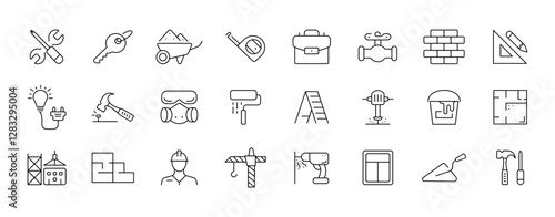 Construction tools and equipment icons set featuring various building elements. Linear vector