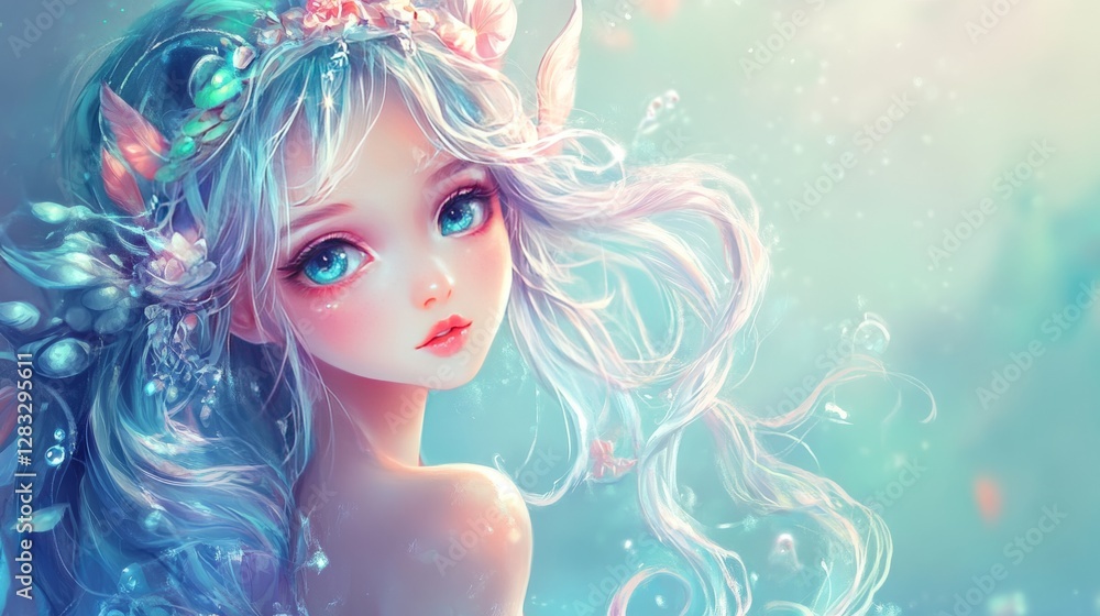 Dreamy Fairy Girl With Blue Hair And Big Eyes. Fantasy Character Art For Digital Design, Wall Art And Social Media.