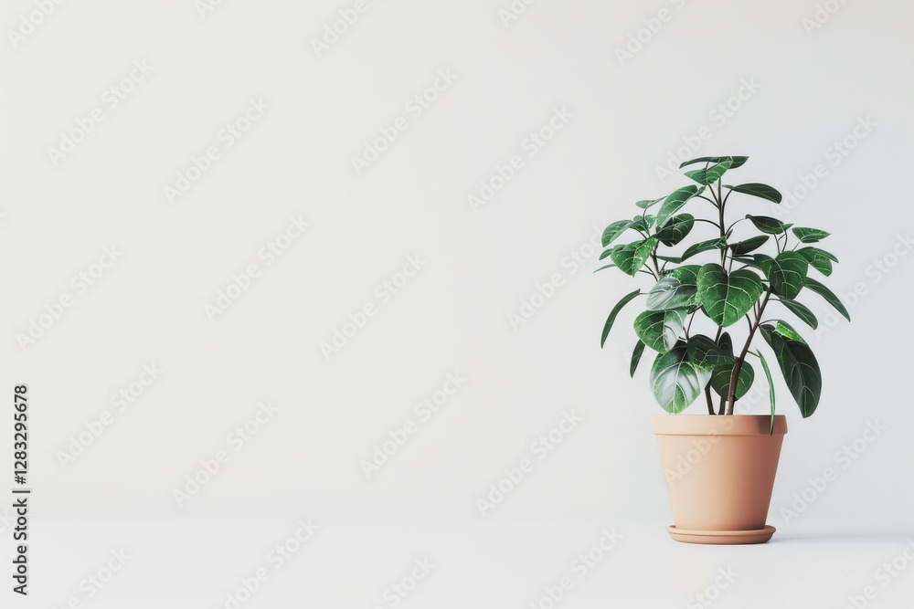 Fototapeta premium Indoor potted plant with vibrant green leaves against a minimalist background. Copy space