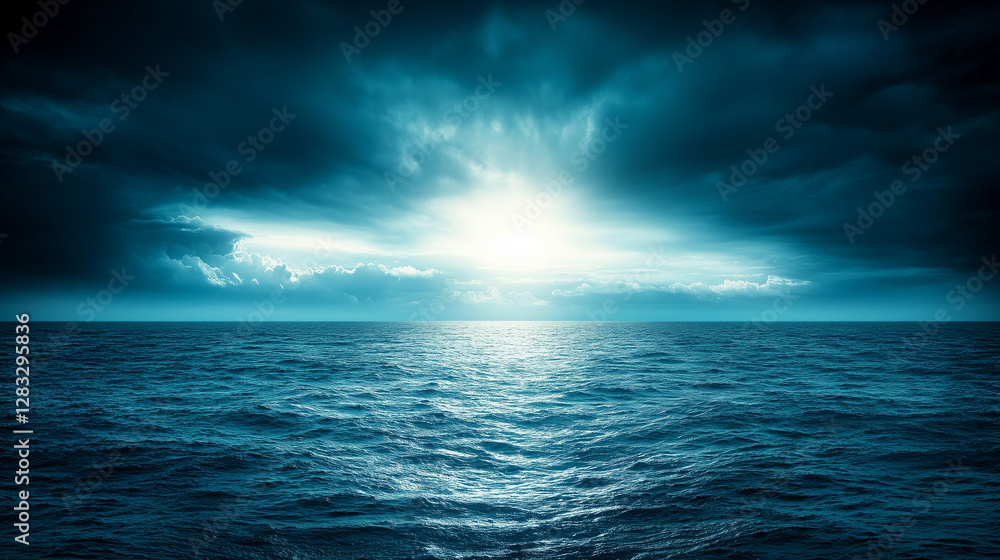 Serene ocean horizon with sunlight breaking through clouds. Tranquil nature concept Serene ocean horizon with sunlight breaking through clouds. Tranquil nature concept