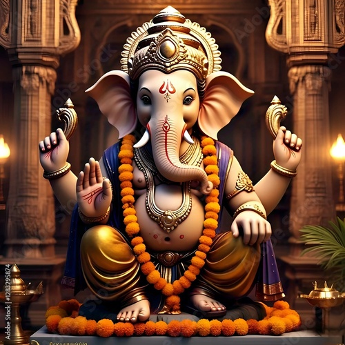 Ganpati Bappa Photo HD 4K | Lord Ganesha Seated in a Divine Temple with Traditional Decor | Spiritual Hindu God Wallpaper photo