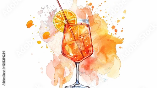 Watercolor Vector Illustration of Aperol Spritz Cocktail