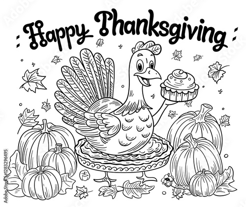 Thanksgiving Cartoon Turkey with Pie – Fun Holiday Doodle Art