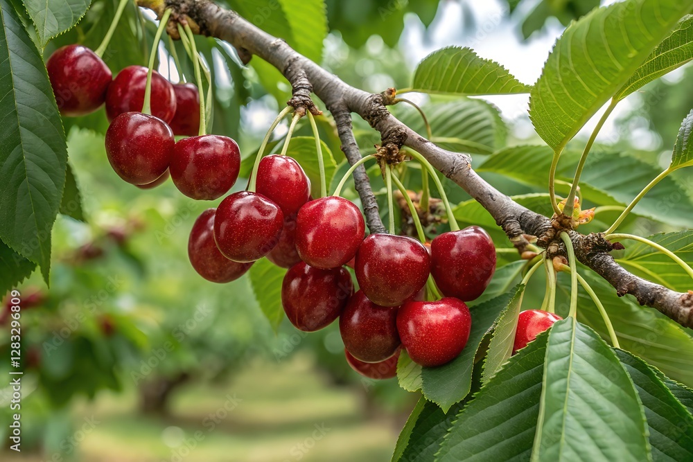 generous harvest of cherries, cherry branch with ripe red berries in the garden on a tree generous harvest of cherries, cherry branch with ripe red berries in the garden on a tree