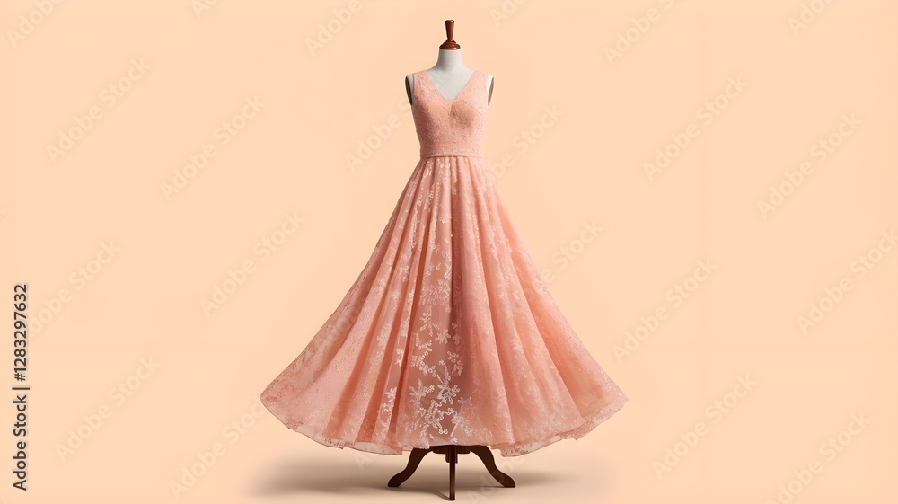 Elegant Bride's Peach Maxi Frock with a Formal Long Gown Design, Perfect for Prom, Weddings, and Special Occasions, Beautifully Displayed on a Mannequin Against an Isolated White Background, Featuring Elegant Bride's Peach Maxi Frock with a Formal Long Gown Design, Perfect for Prom, Weddings, and Special Occasions, Beautifully Displayed on a Mannequin Against an Isolated White Background, Featuring