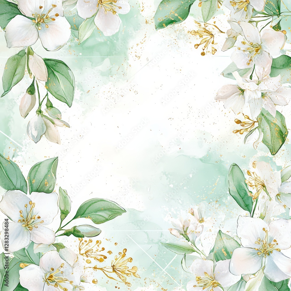 Fototapeta premium Jasmine blossoms: Delicate jasmine flowers bloom gracefully, their pristine white petals contrasted by soft green leaves. The frame composition captures the vibrant colors of nature.