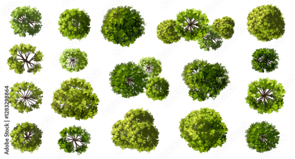 Vector set of Top view green tree for outdoor plan or map and architecture drawing, elements for environment and garden ,botanical elements ,Blooming flowers in spring,tropical plants element