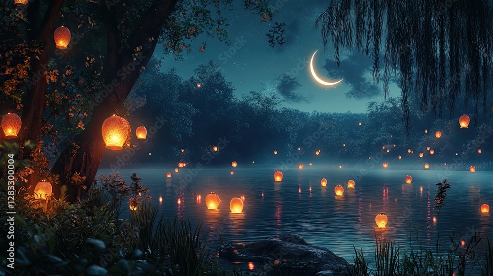 Fototapeta premium Ramadan lanterns floating near a lake