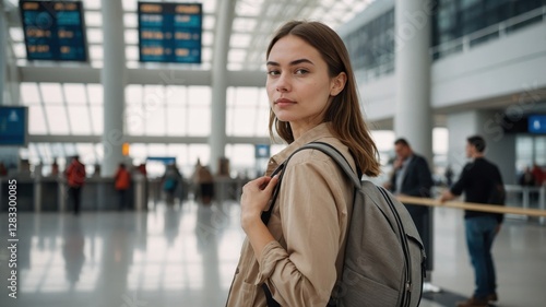 Young traveler with backpack stands in modern airport terminal looking towards the camera while preparing for departure in the busy morning