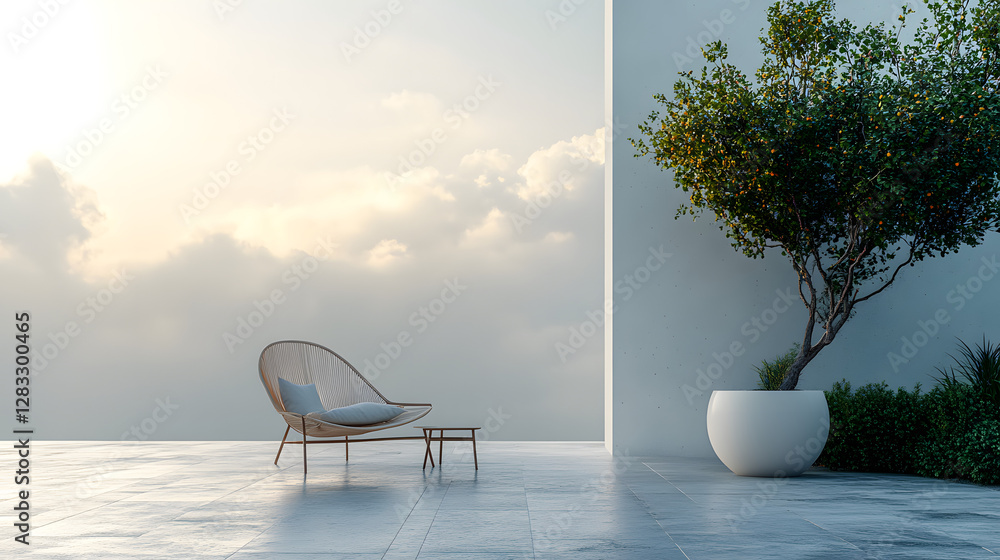 Fototapeta premium a chair sitting on a tiled floor next to a tree
