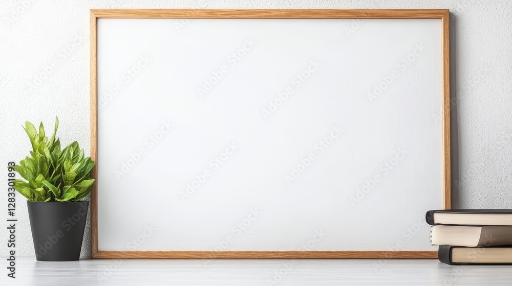 Minimalist Workspace with Empty Frame, Plant, and Books on Desk Minimalist Workspace with Empty Frame, Plant, and Books on Desk