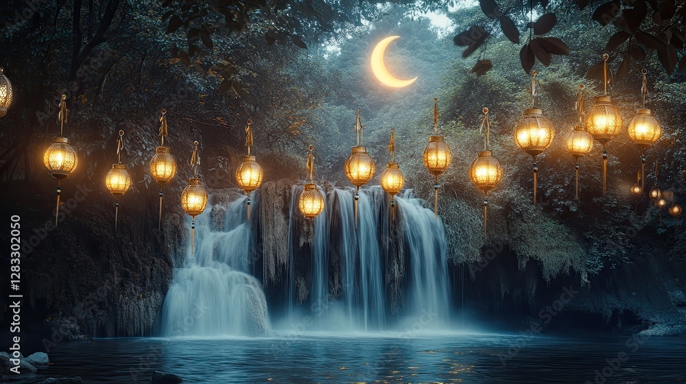 Fototapeta premium Ramadan lanterns suspended over a flowing waterfall in a serene forest