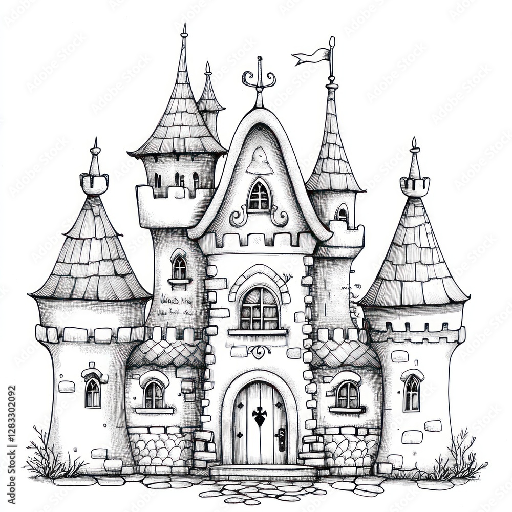 Obraz premium Fairytale castle illustration, monochrome sketch.