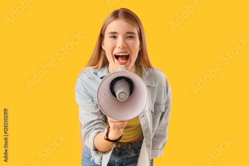 Young woman shouting into m...