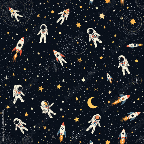 a group of six astronaut suits in various poses, including walking, floating, and floating in front of a crescent moon, all set against a starry night sky backdrop.