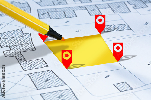 LAND PLOT MANAGEMENT - BUILDING PERMIT CONCEPT with fictional General Urban Plan, cadastral map and free building land plot photo