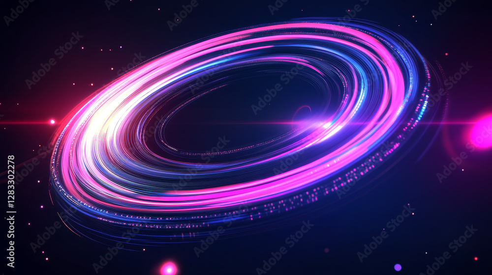 Obraz premium Abstract neon planet ring on black background. Vector realistic illustration of bright glowing light trail, digital tech background, futuristic technology speed effect, energy motion, orbit line