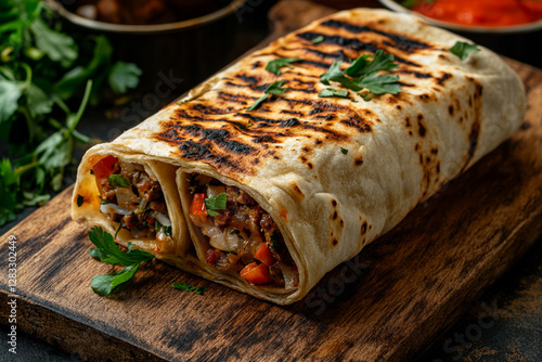 Freshly cooked shawarma with juicy filling, wrapped in crispy lavash on a wooden board photo