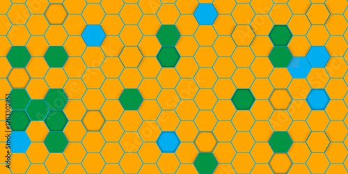Colorful Hexagonal Pattern – Abstract Geometric Background. Honeycomb Structure with Yellow, Green, and Blue Hexagons. Illustration. Vector. Hexagon. 
