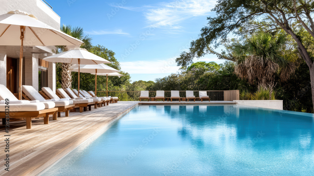 Fototapeta premium serene poolside view featuring beach chairs and umbrellas under clear sky