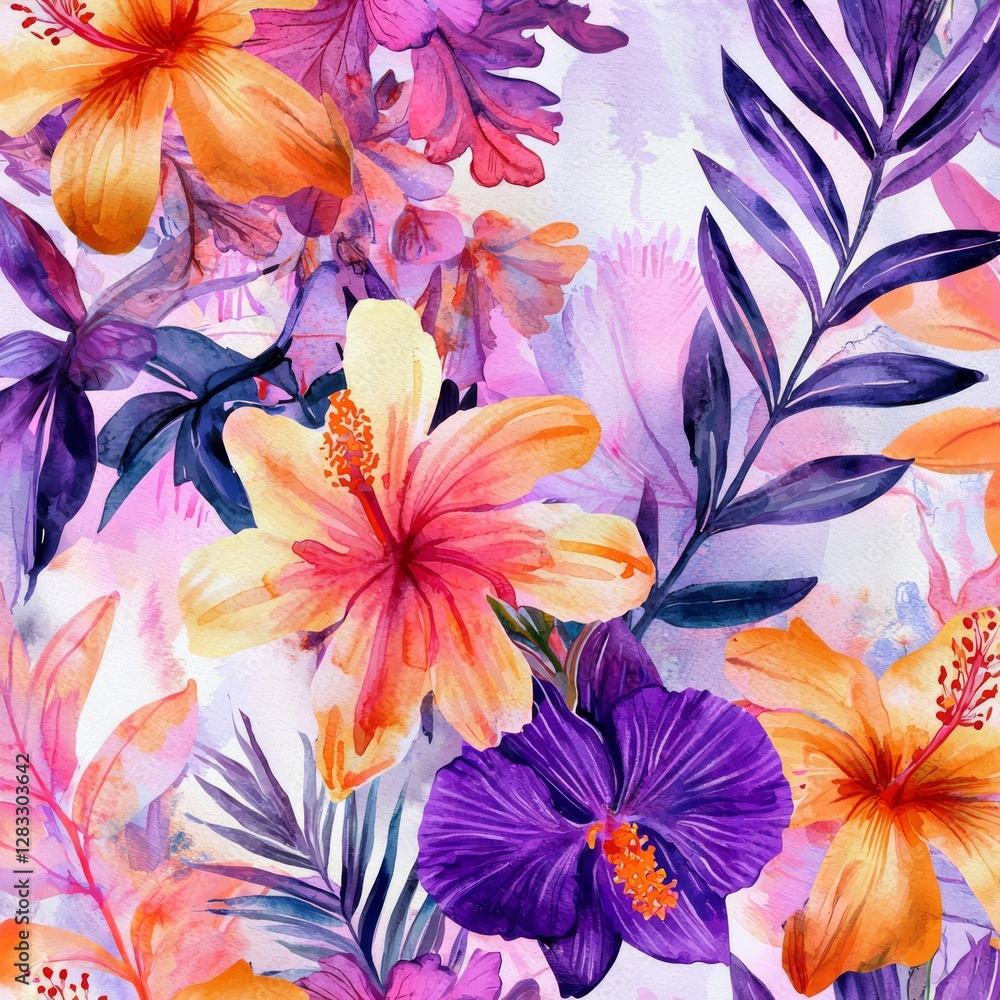 Fototapeta premium Vibrant Hibiscus Floral Pattern: An eye-catching and intricate floral pattern, showcasing a kaleidoscope of colors, featuring hibiscus blooms and lush foliage.