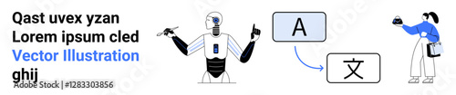 Humanoid robot translating text between languages with human interaction and text bubbles. Ideal for AI, technology, communication, language, education, innovation, future concepts. Perfect for flat