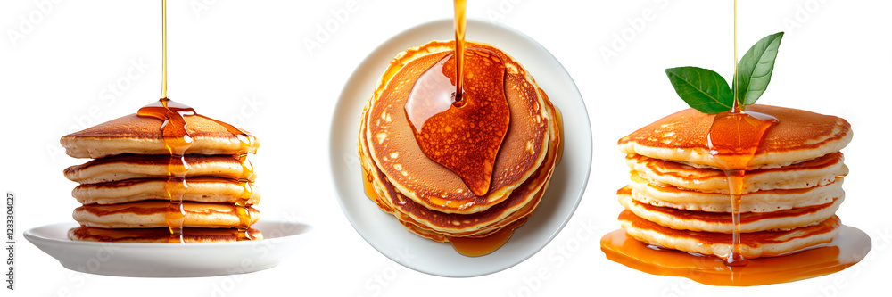 Set of stack of golden pancakes with maple syrup isolated on a transparent background. Fluffy breakfast pancakes with syrup drizzling down, served on a white plate. Set of stack of golden pancakes with maple syrup isolated on a transparent background. Fluffy breakfast pancakes with syrup drizzling down, served on a white plate.