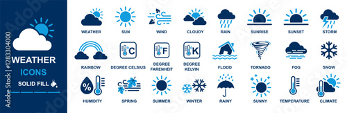 Weather icon set including climate, cloudy, sunny, rainy, tornado, flood, humidity, degree, snow, winter, spring, wind, temperature, windy, thermometer, rainbow, thunderstorm, raindrop etc. 