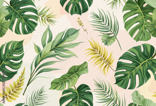 various tropical leaves and flowers, including palm leaves, ferns, and other foliage, arranged in a repeating design against a light pink background.