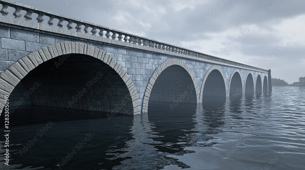 Fototapeta premium Ancient Stone Bridge Over Water on a Cloudy Day