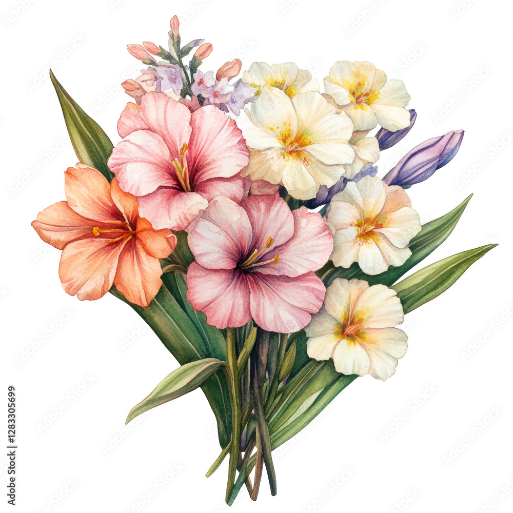 Fototapeta premium A bouquet of flowers with pink, white, and orange flowers. The flowers are arranged in a way that they look like they are holding each other. Scene is one of beauty and harmony