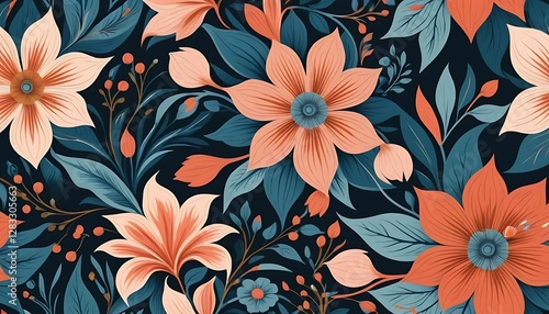 Beautiful flowers and leaves form a gorgeous floral repeating pattern