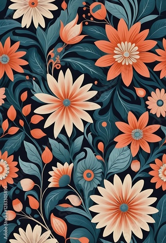 Decorative Floral Pattern with Flowers and Foliage Design