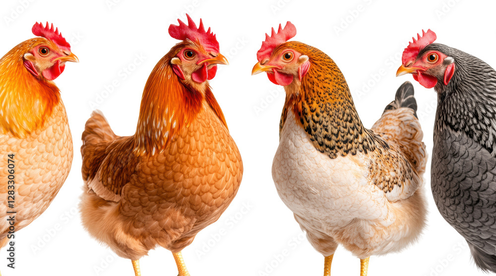 Fototapeta premium Four colorful chickens displaying unique features, cut out