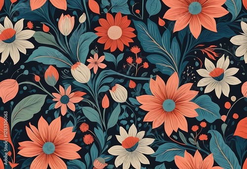 An artistic pattern showing many beautiful colorful floral blooms