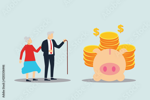 Retirement mutual fund, 401k or Roth IRA savings for happy life after retire and financial freedom concept, rich senior couple elderly man and woman stand with stacked of dollar coins pink piggy bank