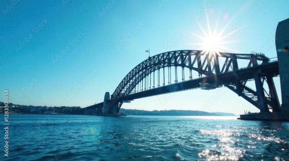 Fototapeta premium Steel Arch Bridge Silhouette Against a Bright Sun and Serene Water