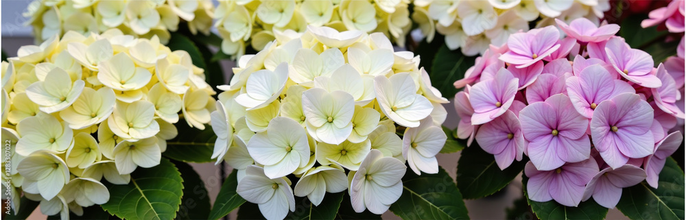 Freshly Cut Hydrangea Flowers Arranged In Colorful Bouquets Create A Stunning Centerpiece For Any Room Or Special Occasion. 00001 Freshly Cut Hydrangea Flowers Arranged In Colorful Bouquets Create A Stunning Centerpiece For Any Room Or Special Occasion. 00001