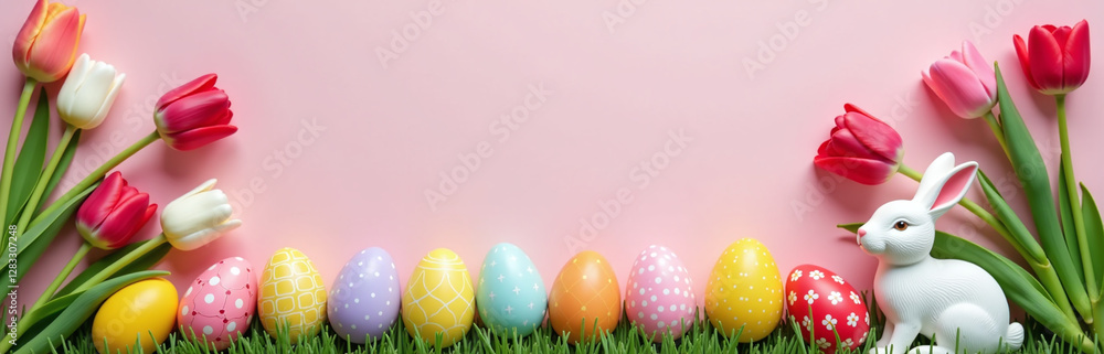Flat Lay Composition Of Colorful Easter Eggs, Tulip Flowers, And A Decorative Easter Bunny On A Happy Holiday Background. 00001 Flat Lay Composition Of Colorful Easter Eggs, Tulip Flowers, And A Decorative Easter Bunny On A Happy Holiday Background. 00001