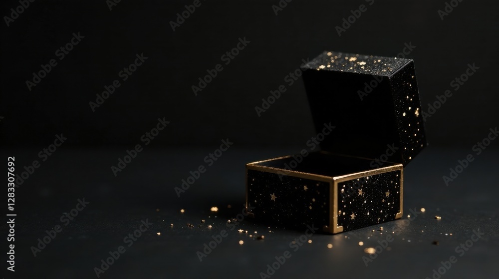 Obraz premium A partially opened black gift box adorned with golden stars rests on a dark surface, scattered gold flecks nearby, hinting at an elegant and mysterious surprise.