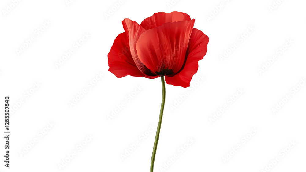 Vivid red poppy flower with slender green stem