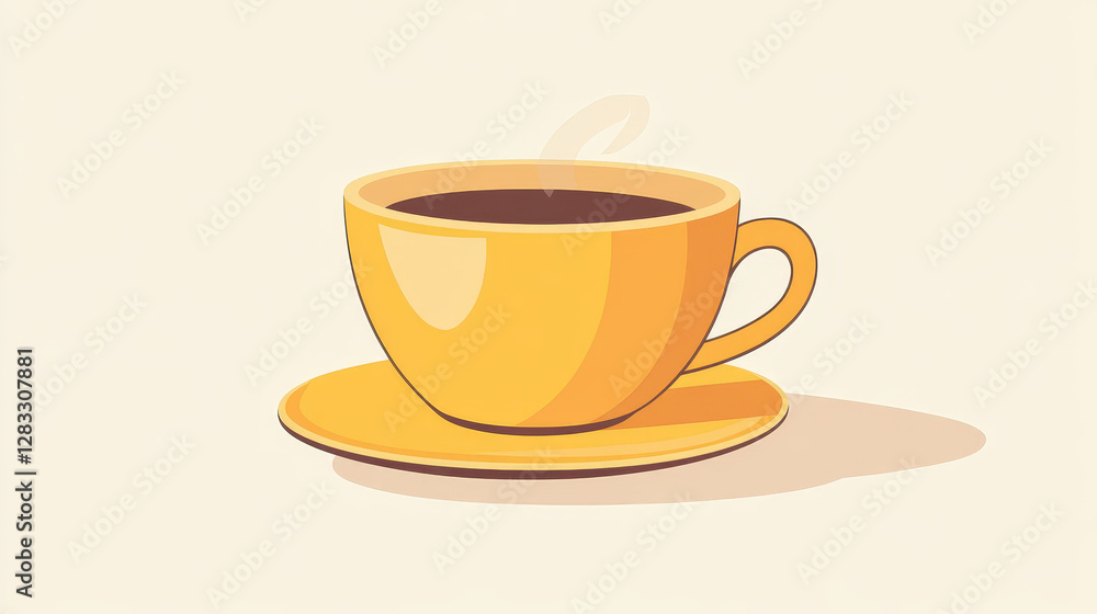 Yellow cup with coffee lil tea, mug for hot drink cartoon vector isolated icons illustration