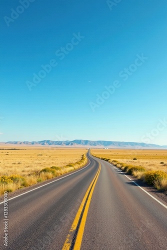 Endless Asphalt Journey Across a Sun-Drenched Prairie Under a Vast Azure Sky