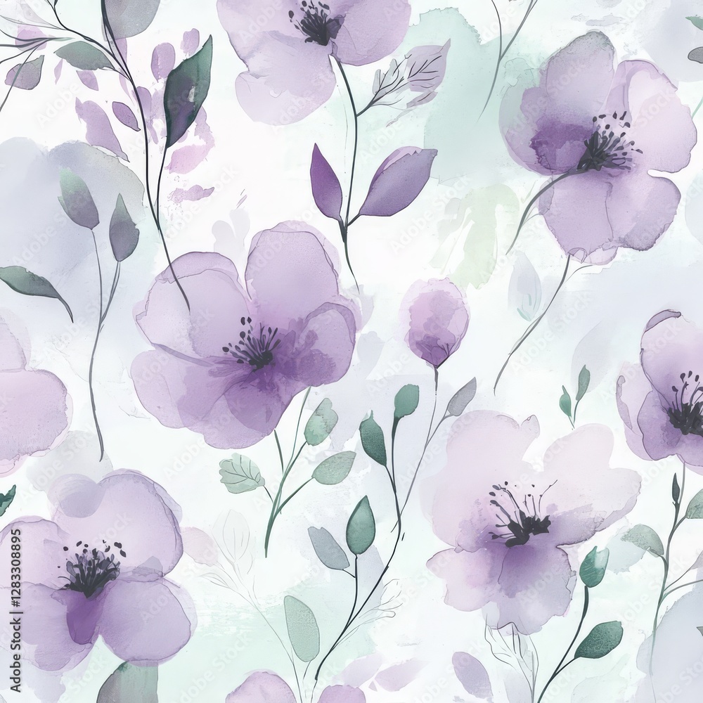 Obraz premium Watercolor floral pattern: Seamless repeating design features delicate purple flowers and green leaves on a subtly textured backdrop, evoking a sense of spring
