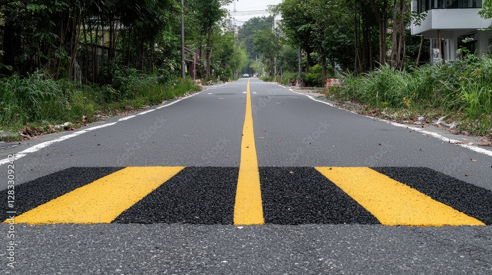 Obraz premium Yellow and black speed bump on an asphalt road surrounded by green trees during daytime.