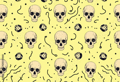 a repeating arrangement of stylized skulls and black dots on a yellow background.