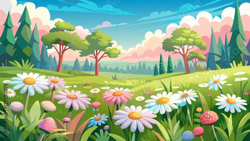 Meadow with lots of white and pink spring daisy flowers in sunny day. Nature landscape in estonia in early summer