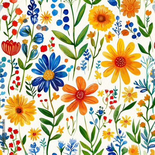 Wallpaper Mural Floral Watercolor Pattern: A vibrant floral pattern, painted in watercolor, showcasing an array of colorful blooms, leaves and sprigs, creating a seamless and decorative design element. Torontodigital.ca