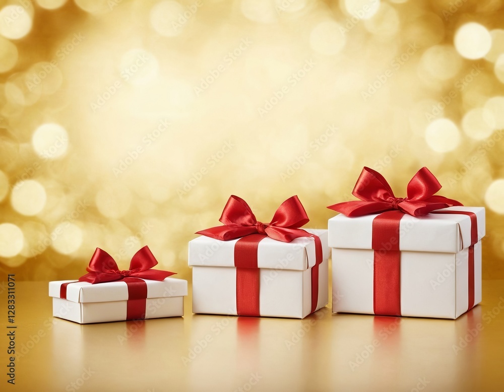 Three elegant white gift boxes with red ribbons on a shimmering golden background. Three elegant white gift boxes with red ribbons on a shimmering golden background.