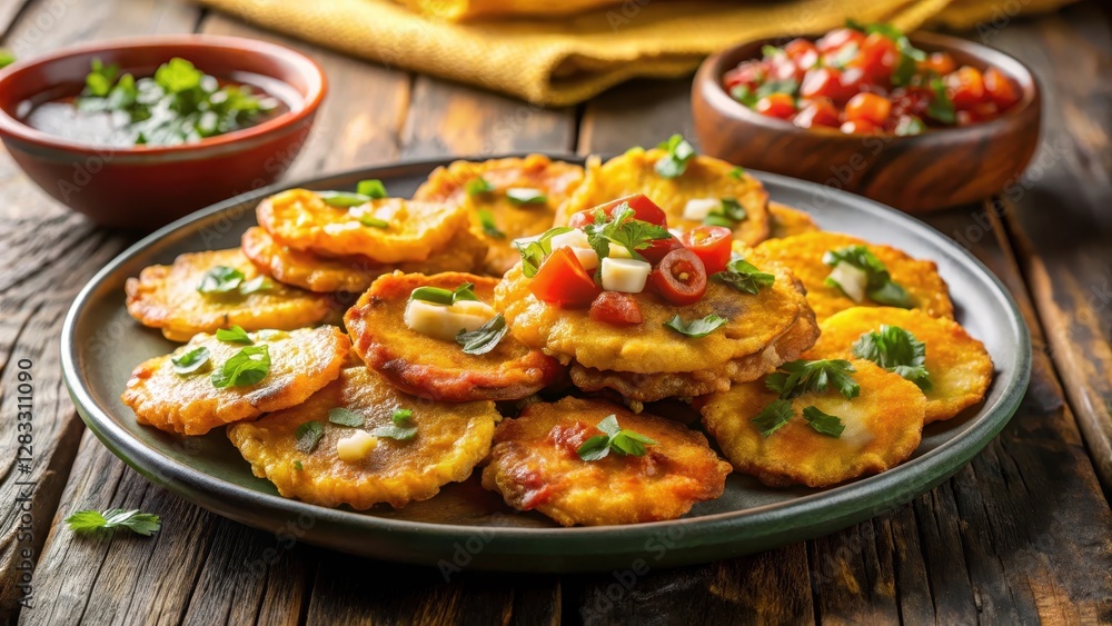 Crispy tostones on a plate with melted cheese and salsa , delicious, crispy Crispy tostones on a plate with melted cheese and salsa , delicious, crispy